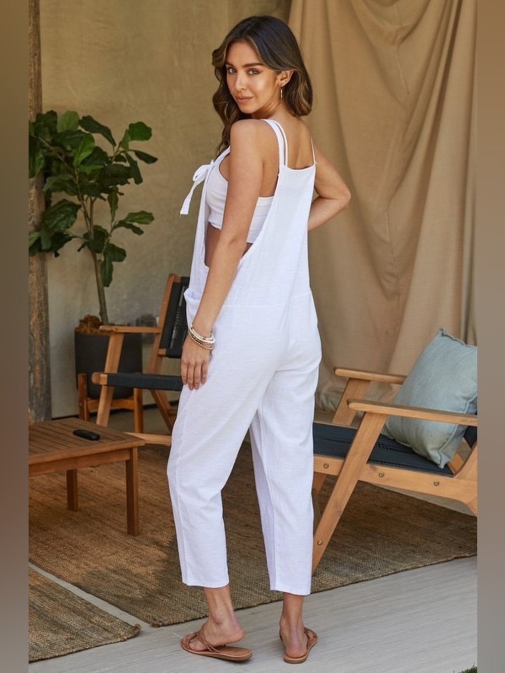 Women’s White Linen Tie-Strap Jumpsuit - Picture 3 of 6